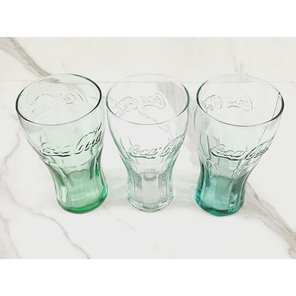 Coca Cola Libbey Drinking Glasses 16z Embossed Logo 6" Green White Blue x3 - Picture 8 of 14